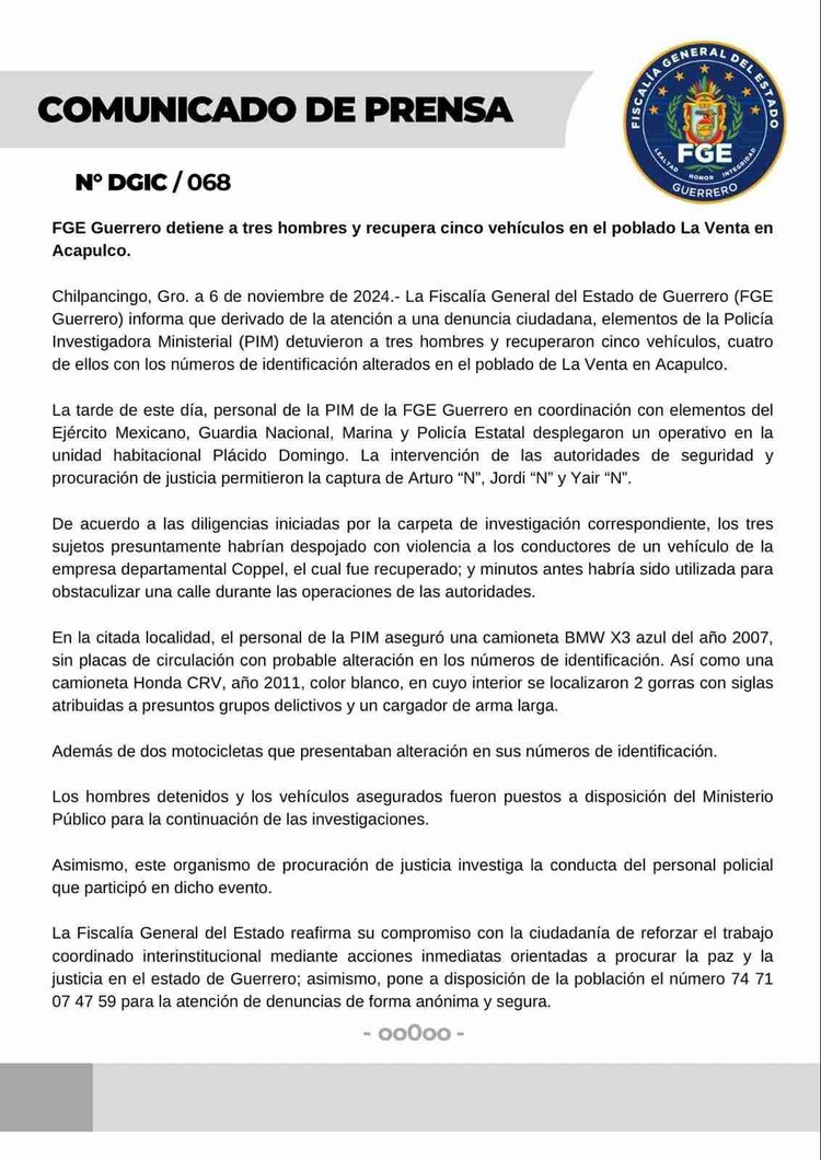 Así informó la Fiscalía de Guerrero la detención de las 5 personas.