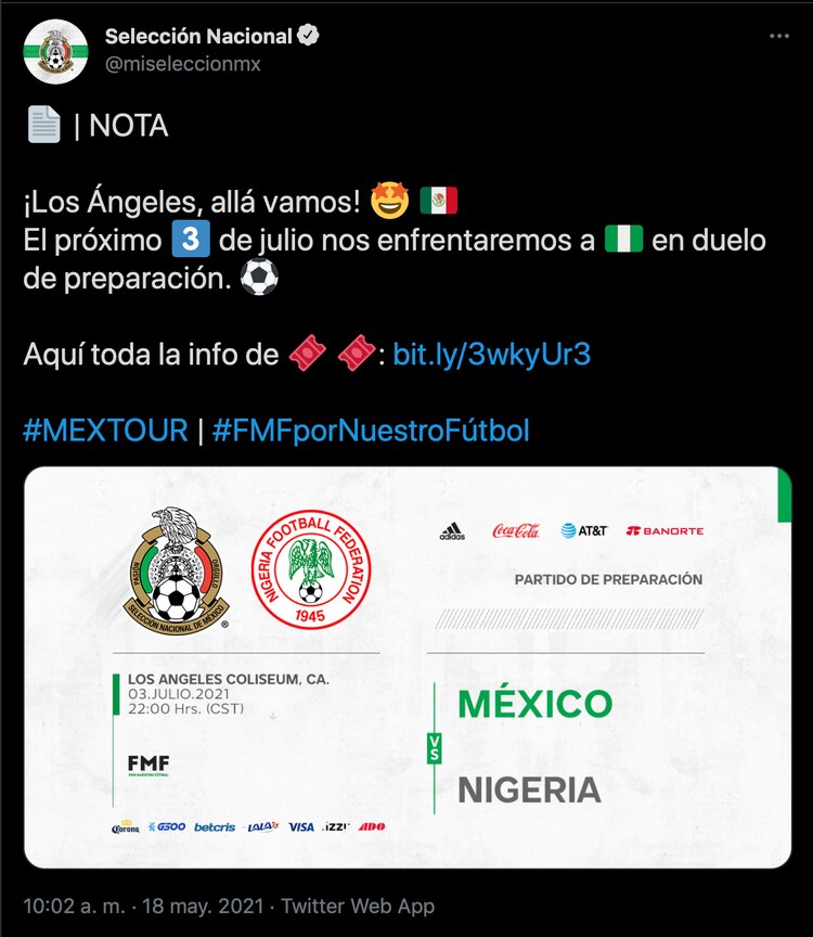 La Selección Nacional de México presenta partido ante Nigeria.