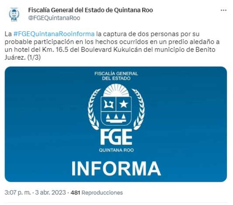 Reportan dos personas detenidas tras ataque en zona turística de Cancún