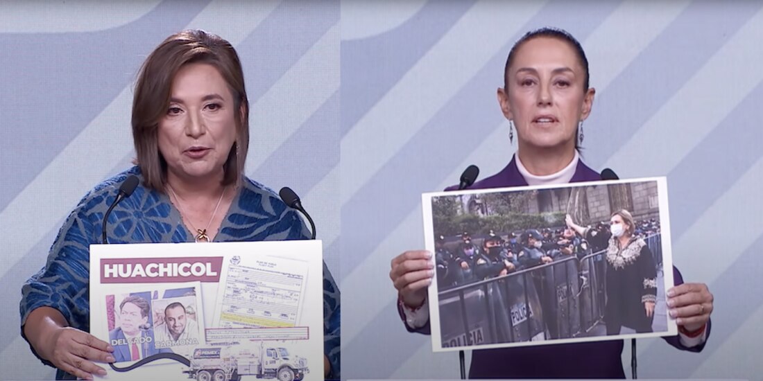 Los candidatos Xóchitl Gálvez y Claudia Sheinbaum, anoche, en diversos momentos del debate.