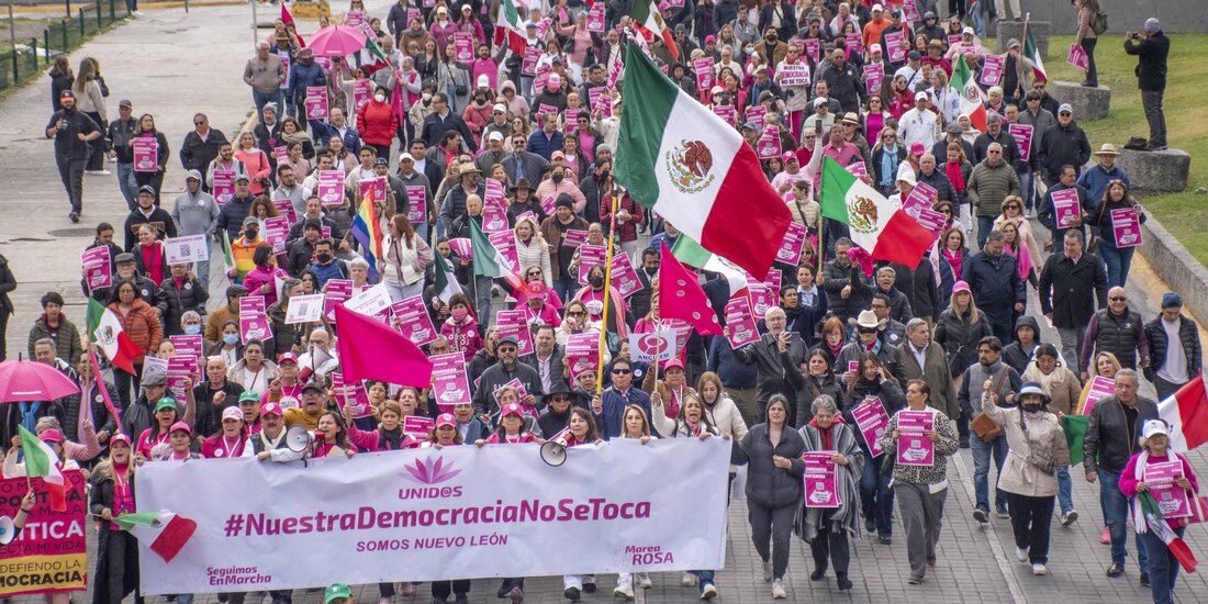 Protesta en defensa de la democracia, por parte de la Marea Rosa, en febrero pasado, en Monterrey.