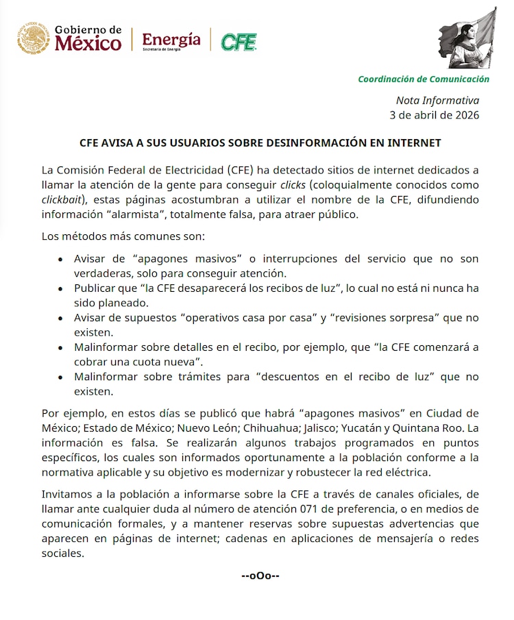 Comunicado de la CFE sobre información falsa