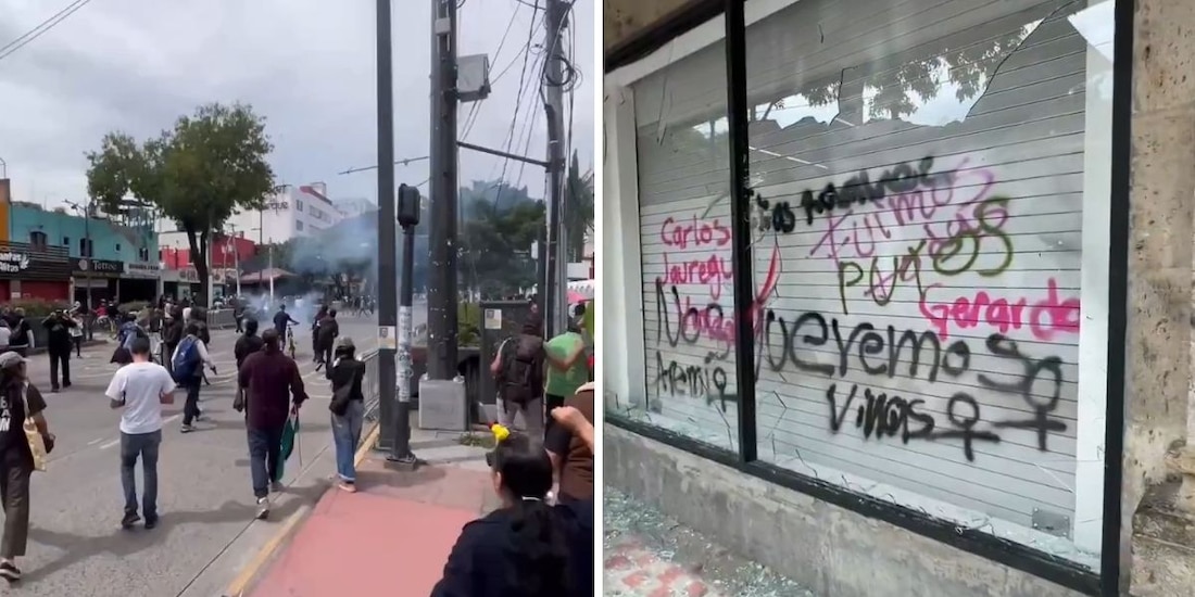 Destrozos provocados por el "bloque negro" en Segunda Megamarcha por el agua en Guadalajara, Jalisco.