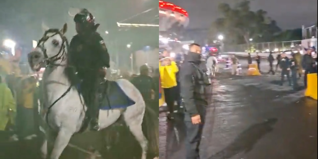 Caballo de la policía corre entre los aficionados.