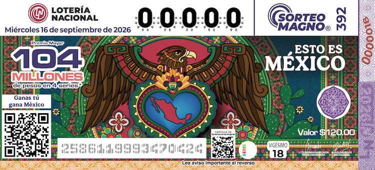 El Sorteo Magno 392 de la Lotería Nacional se realiza este 16 de septiembre de 2026 por el Sorteo Patrio.