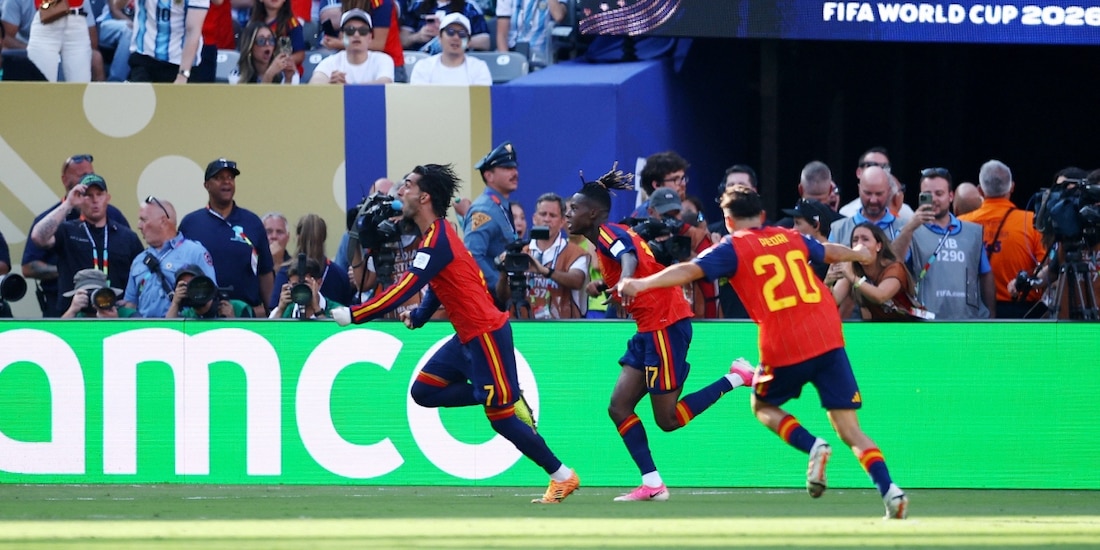 Ferran Torres celebra su gol con España en la final del Mundial 2026 contra Argentina.
