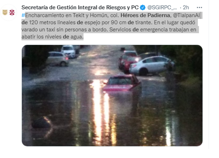 Encharcamiento en Tekit y Homún, col. Héroes de Padierna,
@TlalpanAl
de 120 metros lineales de espejo por 90 cm de tirante. En el lugar quedó varado un taxi sin personas a bordo. Servicios de emergencia trabajan en abatir los niveles de agua.