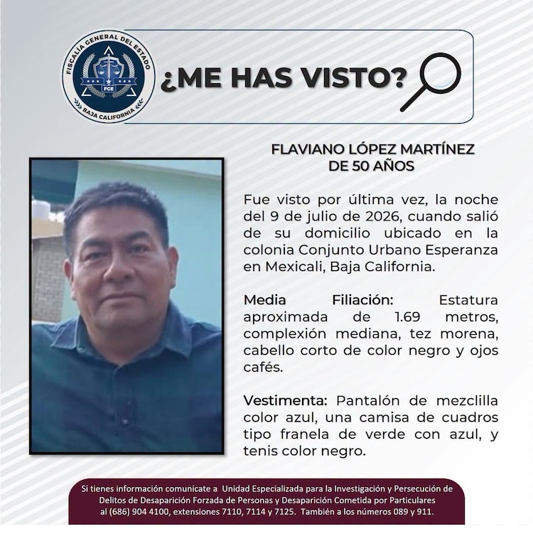 Ficha de búsqueda de Flavio López Martínez, conductor de taxi por aplicación asesinado.