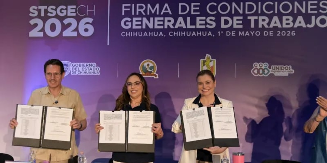 Maru Campos durante la firma del pliego petitorio junto a líderes del Sindicato de Trabajadores al Servicio del Gobierno.