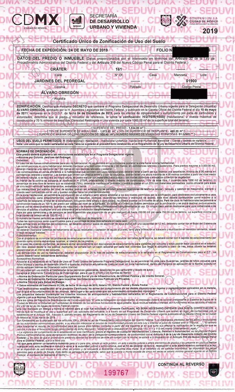 CERTIFICADO de uso de suelo expedido en mayo de 2019, que autoriza un funcionamiento de tipo sólo habitacional.