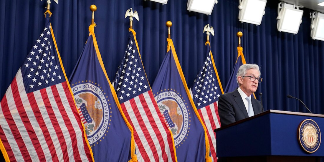 Jerome Powell, presidente de la Reserva Federal de Estados Unidos, en rueda de prensa, ayer.
