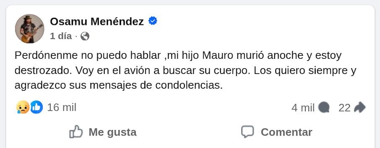 Mensaje de Osamu por el fallecimiento de su hijo.
