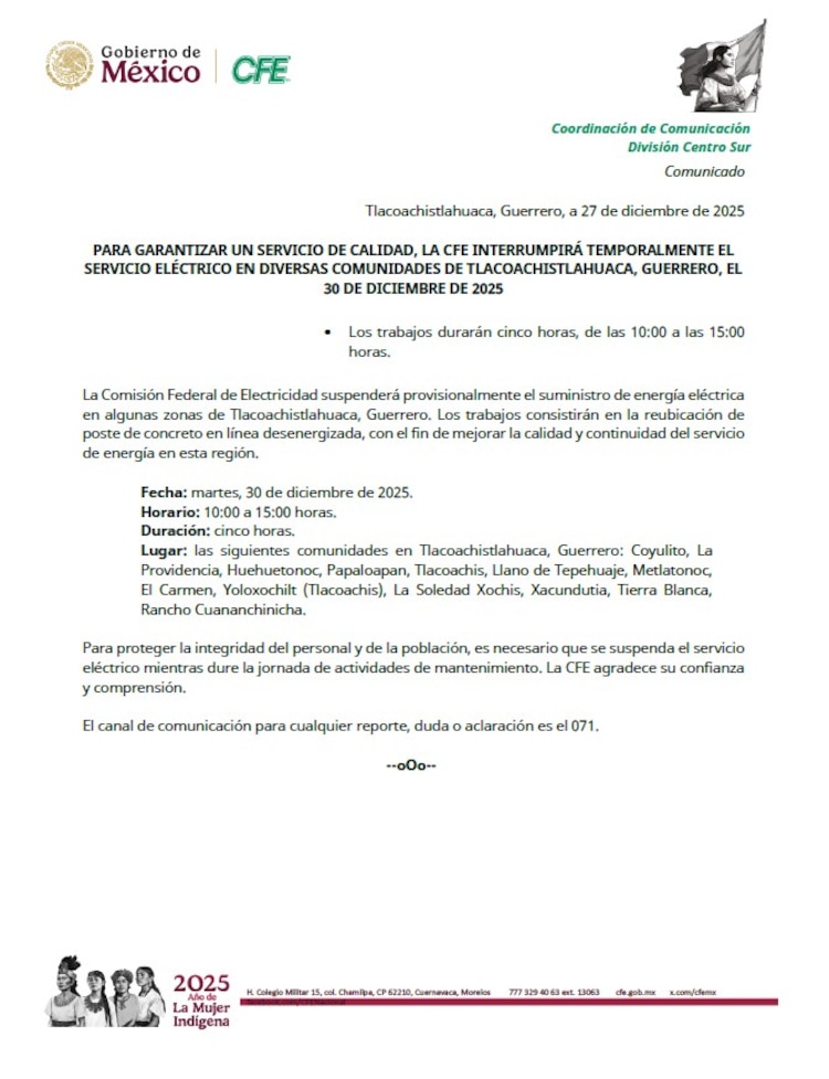 Comunicado de la CFE.