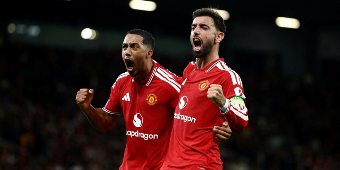 Bruno Fernandes y Youri Tielemans festejando el gol del portugués.