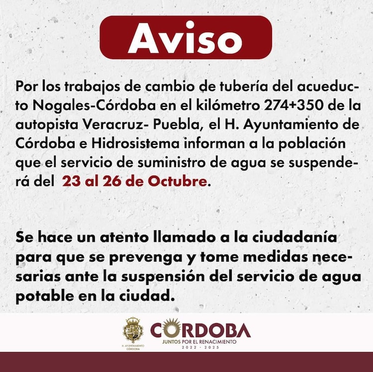 Anuncian mega corte de agua en Córdoba, Veracruz.