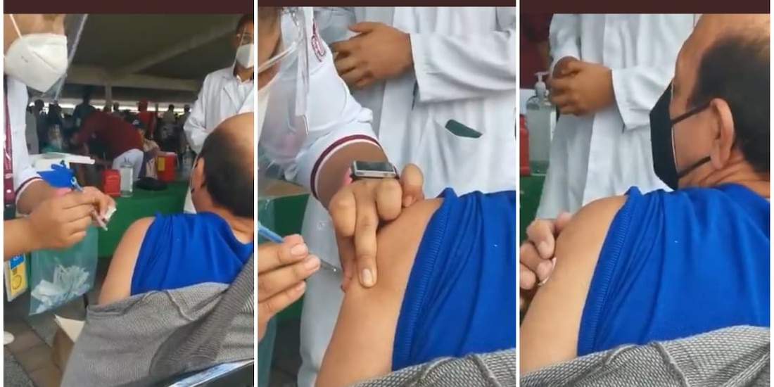 En el video difundido por el diputado del PRD se observa como una presunta enfermera solo inserta y saca una jeringa sin suministrar el biológico contra COVID-19