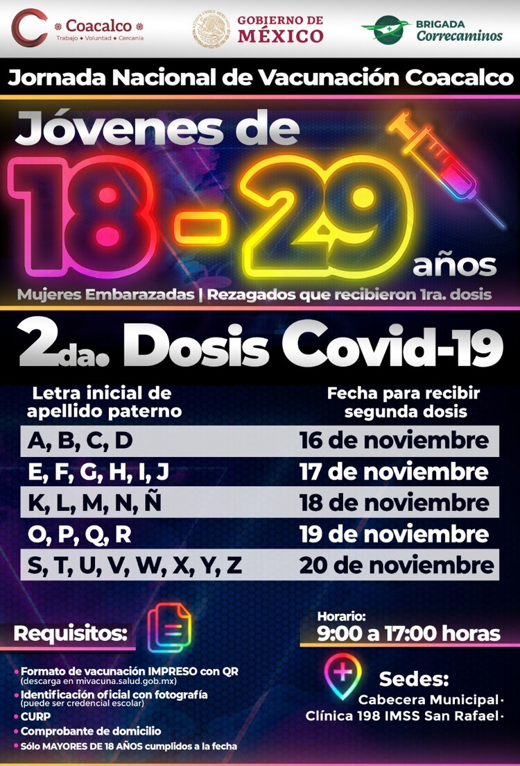 Jornada de vacunación en Coacalco para jóvenes de 18 a 29 años de edad
