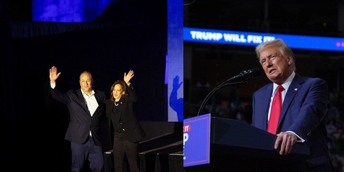 La vicepresidenta Kamala Harris abraza en el escenario a su esposo, Douglas Emhoff, ayer; Donald Trump da un mensaje a sus simpatizantes frente a sus cinco hijos en Pensilvania.