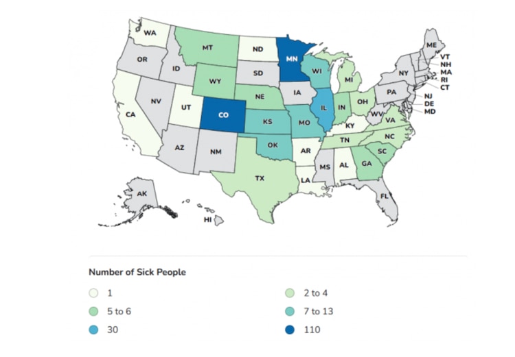 Mapa de recuento de casos proporcionado por los CDC