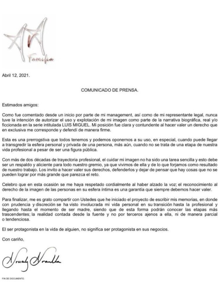 Comunicado de Aracely Arámbula sobre el uso de su imagen en la serie Luis Miguel