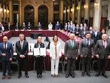 La Presidenta Claudia Sheinbaum, parte del gabinete y empresarios, ayer.