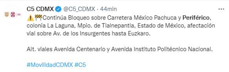 C5 ofrece alternativas viales por bloqueo en la México-Pachuca