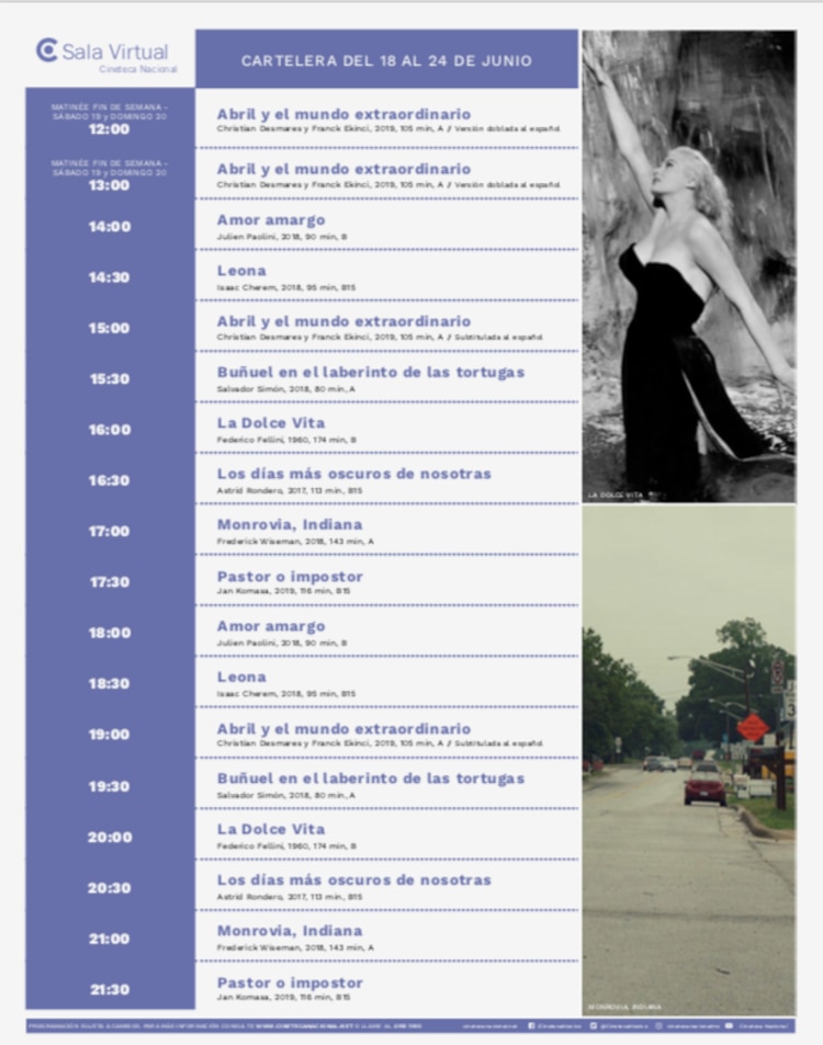 Cartelera de la Sala Virtual de la Cineteca Nacional, del 18 al 24 de junio.