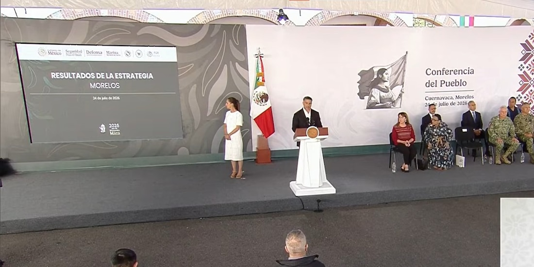 Omar García Harfuch en la conferencia de CSP, en Morelos.