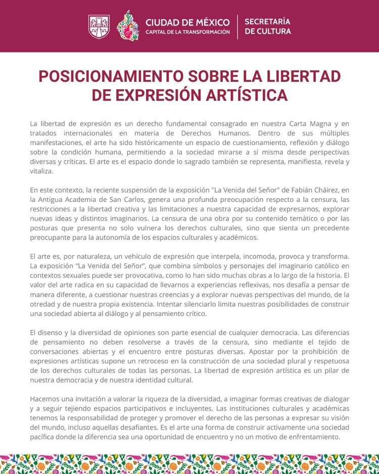 Pronunciamiento de la Secretaría de Cultura.