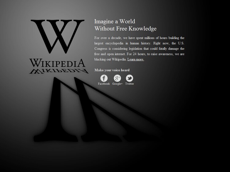 Un día como hoy, Wikipedia en inglés dejó de operar temporalmente en protesta por la ley SOPA.