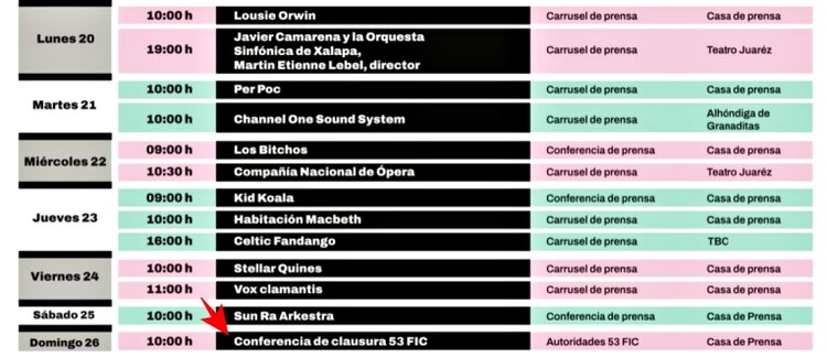 Anuncio de días antes, donde está programada la conferencia de cierre
