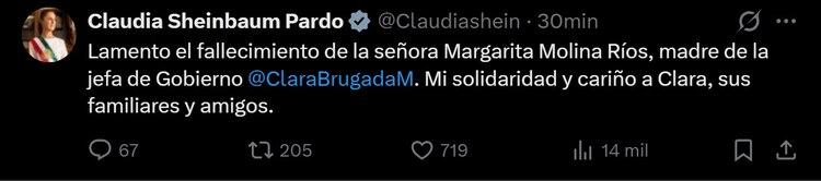 La presidenta de México, Claudia Sheinbaum, envió su solidaridad y cariño a amigos y familiares.
