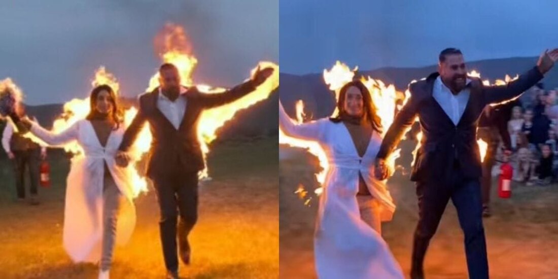 Recién casados se prenden fuego para entrar a su fiesta y se vuelven virales en TikTok.