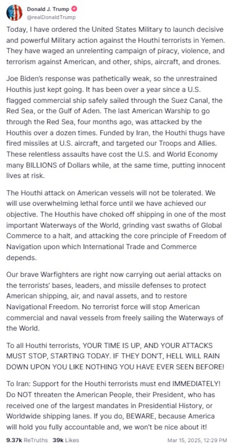 Mensaje de Donald Trump en la red social Truth.