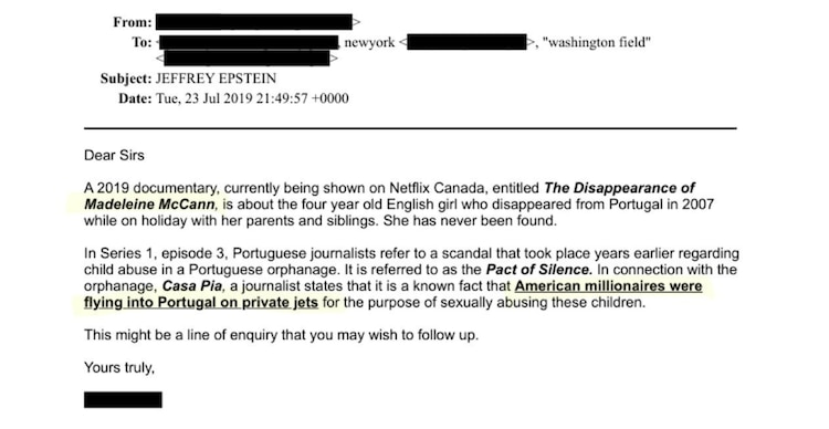 Correo sobre la desaparición de Madeline McCann