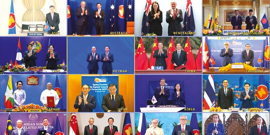 Videoconferencia para la firma del tratado RCEP, ayer.