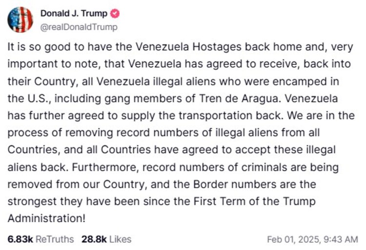 Mensaje de Donald Trump en Truth.