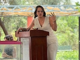 Circe Camacho durante una conferenci, el 27 de mayo pasado, sobre una campaña para el cuidado del agua.