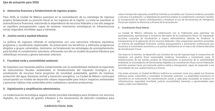Ejes de actuación del Ejercicio Fiscal 2026 de la CDMX