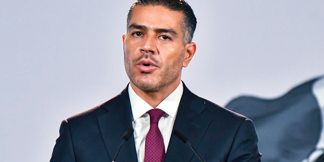 El secretario de Seguridad, Omar García Harfuch, ayer, en conferencia de prensa en Palacio Nacional.