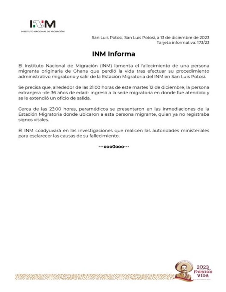 Migrante de Ghana muere al exteriror de estación del INM en San Luis Potosí.