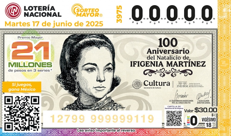 El Sorteo Mayor 3975 conmemoran loa 100 años del natalicio de Ifigenia Martínez.