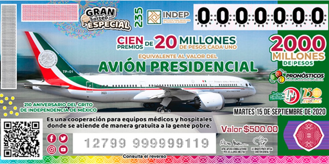 Diseño del boleto para la rifa de los premios con valor del avión presidencial.