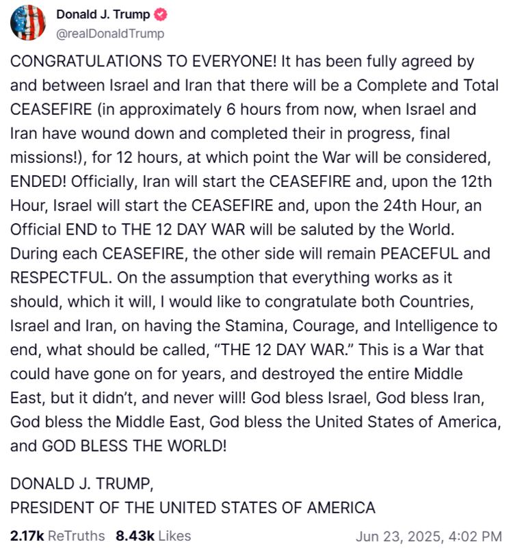 Donald Trump anuncia un alto al fuego total entre Irán e Israel.