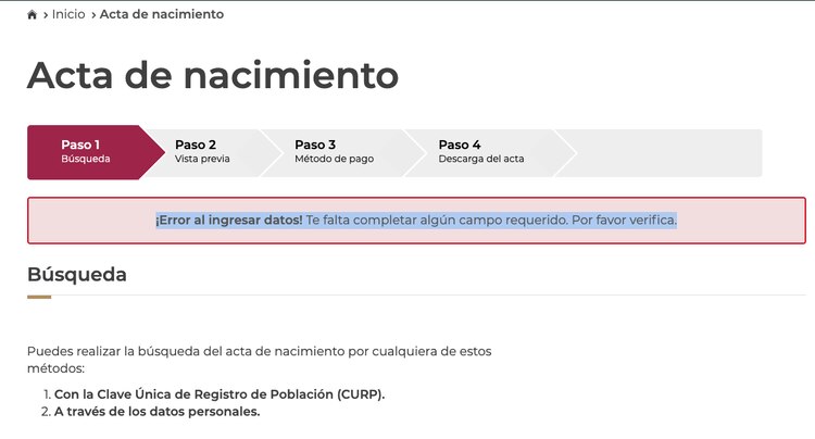Tampoco es posible consultar tu acta de nacimiento ingresando tus datos personales en el sitio web