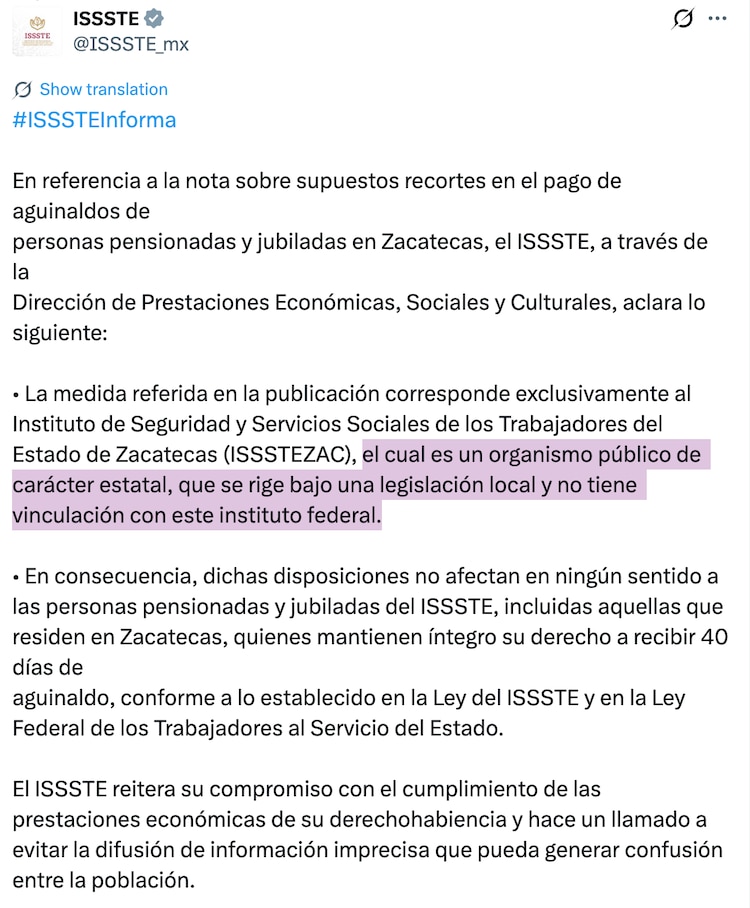 Publicación del ISSSTE sobre la reducción de aguinaldo