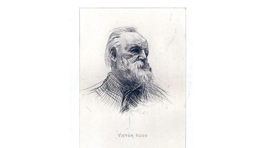 Auguste Rodin, Victor Hugo de tres cuartos, punta seca en papel tendido, detalle, 1885.