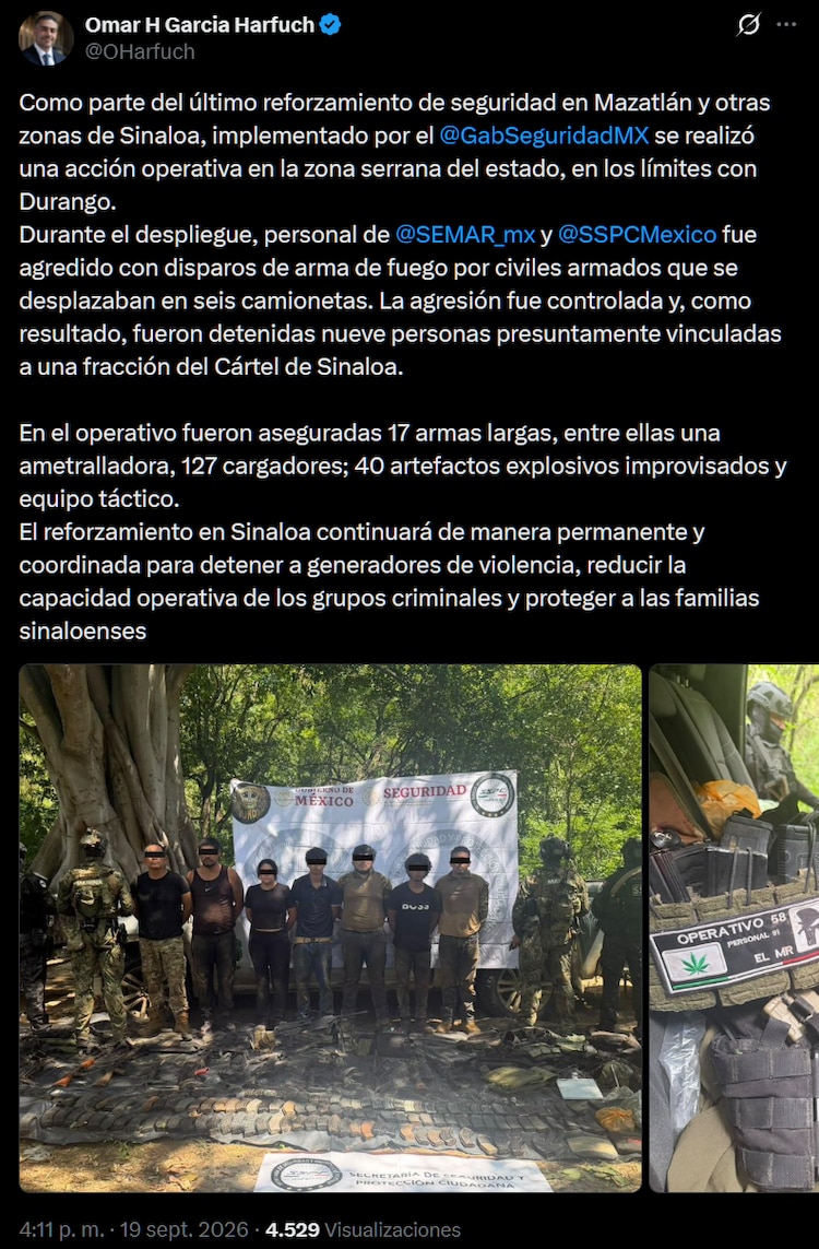 Detención de 9 presuntos integrantes de una facción del Cártel de Sinaloa.