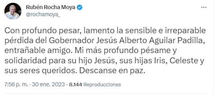 El mensaje en Twitter del gobernador de Sinaloa, Rubén Rocha Moya