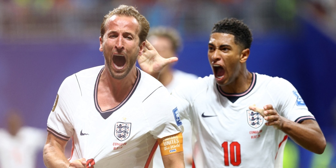Harry Kane y Jude Bellingham celebran el gol de Inglaterra ante el Congo, en los 16vos de final de la Copa del Mundo 2026